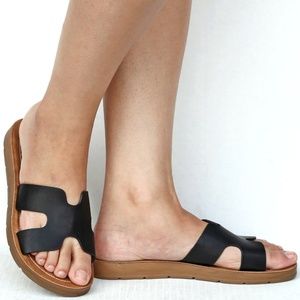 Black Leather Slide Sandals - Women's Comfort Sandals